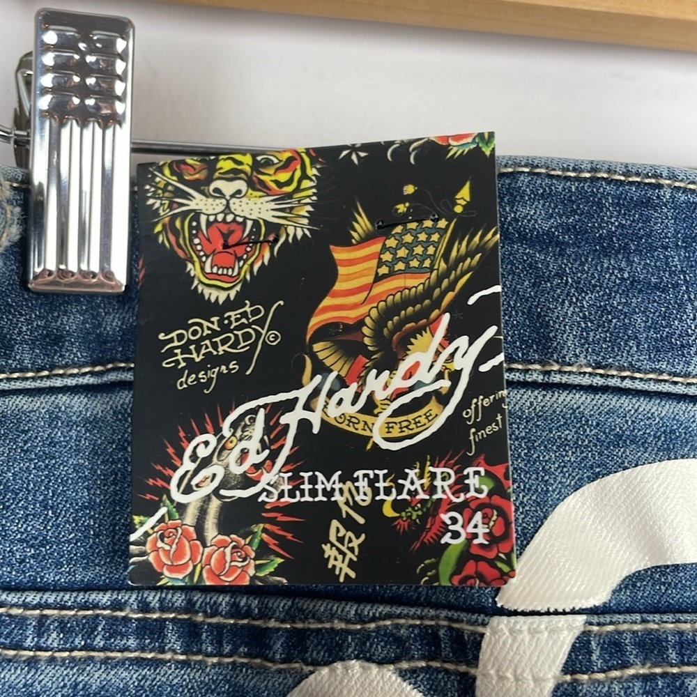 NWT ED HARDY Vintage Y2K Slim Flare Women Jeans Denim SZ 34 Stretch Skull NYC - Picture 7 of 15